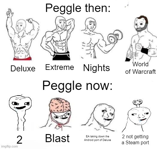 X in the Past vs. X Now | Peggle then:; World of Warcraft; Extreme; Nights; Deluxe; Peggle now:; Blast; EA taking down the Android port of Deluxe; 2; 2 not getting a Steam port | image tagged in x in the past vs x now | made w/ Imgflip meme maker