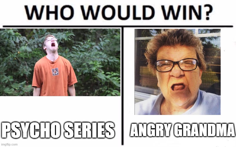 For best staged YouTube video series. | PSYCHO SERIES; ANGRY GRANDMA | image tagged in memes,who would win,mcjuggernuggets,angry grandma,youtube,fake | made w/ Imgflip meme maker
