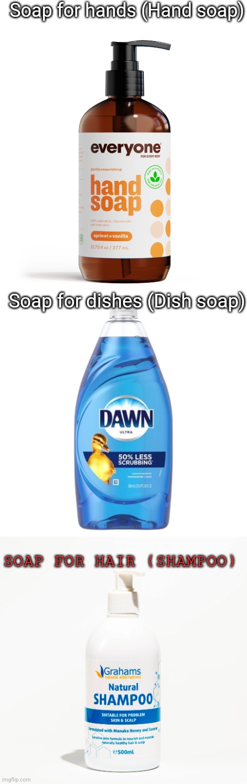 I just realized | Soap for hands (Hand soap); Soap for dishes (Dish soap); SOAP FOR HAIR (SHAMPOO) | image tagged in dish soap | made w/ Imgflip meme maker
