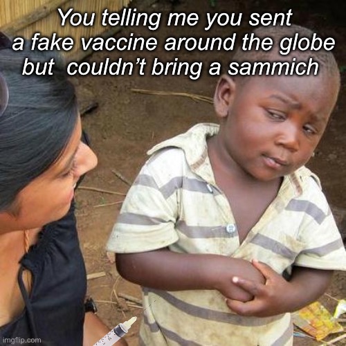 Ending hunger isn’t a priority | You telling me you sent a fake vaccine around the globe but  couldn’t bring a sammich | image tagged in memes,third world skeptical kid,politics lol,government corruption | made w/ Imgflip meme maker