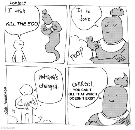 We call it ego, it appears to exist, but it really doesn’t. No such entity | KILL THE EGO; YOU CAN’T KILL THAT WHICH DOESN’T EXIST | image tagged in i wish genie nothing's changed | made w/ Imgflip meme maker