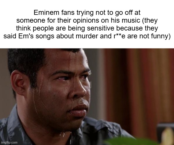 The reason why I'll never join his fanbase | Eminem fans trying not to go off at someone for their opinions on his music (they think people are being sensitive because they said Em's songs about murder and r**e are not funny) | image tagged in sweating bullets,eminem,fans,opinions | made w/ Imgflip meme maker