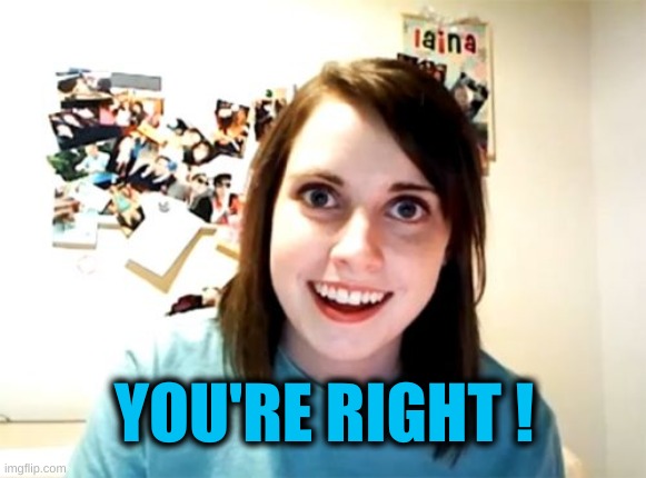 Overly Attached Girlfriend Meme | YOU'RE RIGHT ! | image tagged in memes,overly attached girlfriend | made w/ Imgflip meme maker