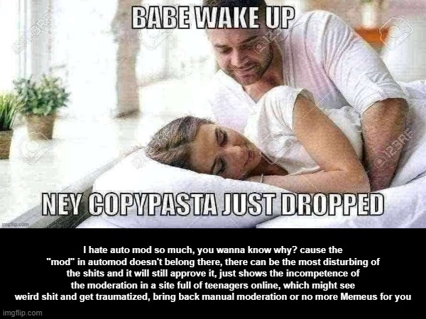 Copy-pasteable in the image description. | I hate auto mod so much, you wanna know why? cause the "mod" in automod doesn't belong there, there can be the most disturbing of the shits and it will still approve it, just shows the incompetence of the moderation in a site full of teenagers online, which might see weird shit and get traumatized, bring back manual moderation or no more Memeus for you | made w/ Imgflip meme maker