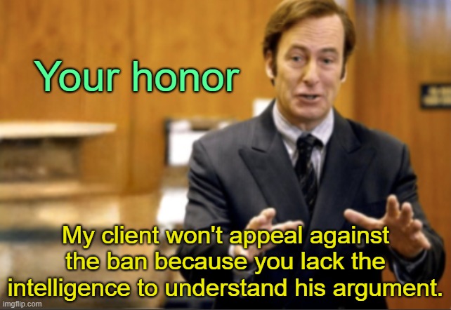 . | Your honor; My client won't appeal against the ban because you lack the intelligence to understand his argument. | image tagged in saul goodman defending | made w/ Imgflip meme maker