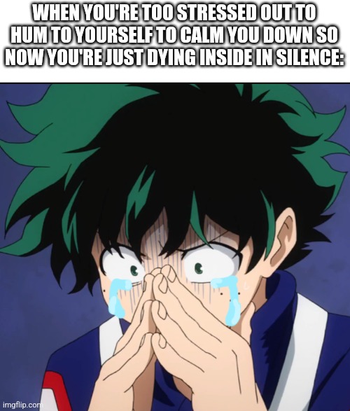 I lost my Chromebook charger and I'm going thru this rn ? | WHEN YOU'RE TOO STRESSED OUT TO HUM TO YOURSELF TO CALM YOU DOWN SO NOW YOU'RE JUST DYING INSIDE IN SILENCE: | image tagged in suffering deku,relatable,anxiety | made w/ Imgflip meme maker