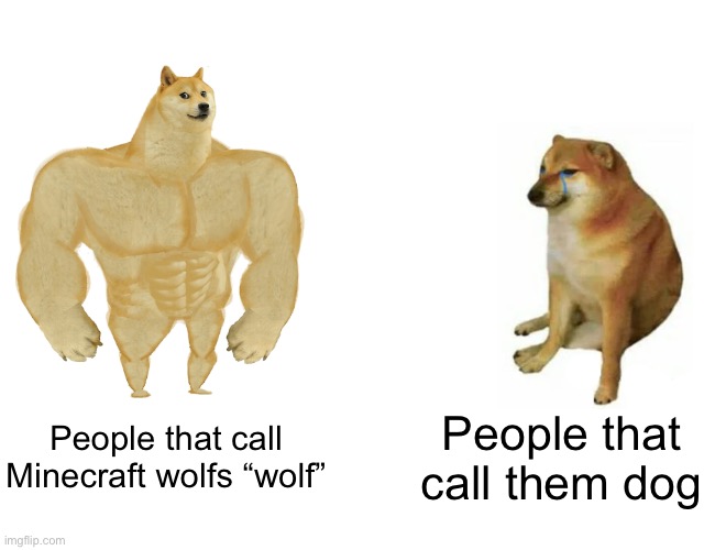 Buff Doge vs. Cheems Meme | People that call Minecraft wolfs “wolf”; People that call them dog | image tagged in memes,buff doge vs cheems | made w/ Imgflip meme maker