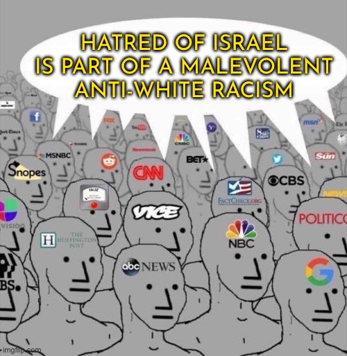 'Hatred Of Israel Is Part Of A Malevolent Anti-White Racism' | HATRED OF ISRAEL IS PART OF A MALEVOLENT ANTI-WHITE RACISM | image tagged in npc media,msm lies,biased media,mainstream media,scumbag america,scumbag government | made w/ Imgflip meme maker