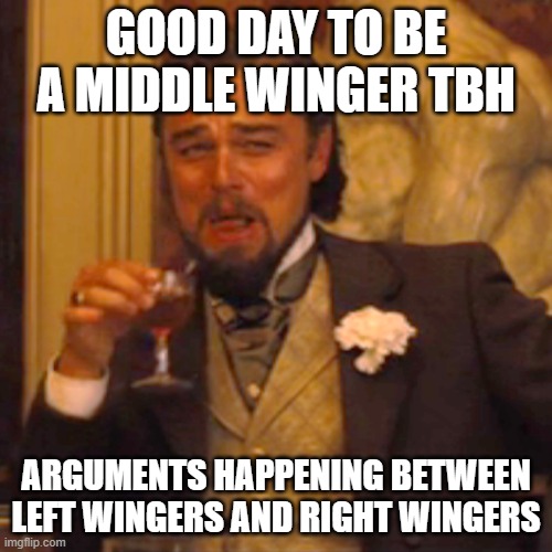 proud to be a middle winger(neutral basically) | GOOD DAY TO BE A MIDDLE WINGER TBH; ARGUMENTS HAPPENING BETWEEN LEFT WINGERS AND RIGHT WINGERS | image tagged in memes,laughing leo,politics,political meme,middle wing | made w/ Imgflip meme maker