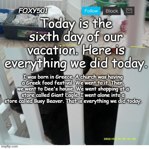 Foxy501 announcement template | Today is the sixth day of our vacation. Here is everything we did today. I was born in Greece. A church was having a Greek food festival. We went to it. Then, we went to Dee's house. We went shopping at a store called Giant Eagle. I went alone into a store called Busy Beaver. That is everything we did today. | image tagged in foxy501 announcement template | made w/ Imgflip meme maker