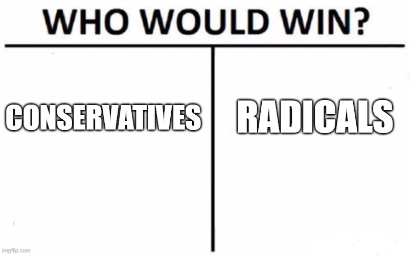 epic battle of 2024 | RADICALS; CONSERVATIVES | image tagged in memes,who would win,politics,epic | made w/ Imgflip meme maker