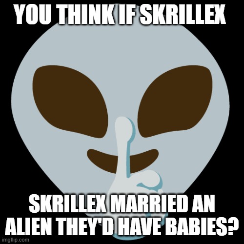 Skrillex | YOU THINK IF SKRILLEX; SKRILLEX MARRIED AN ALIEN THEY'D HAVE BABIES? | image tagged in skrillex | made w/ Imgflip meme maker