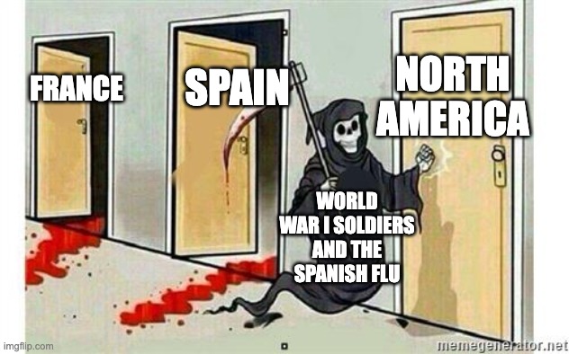 Spanish Flu | NORTH AMERICA; SPAIN; FRANCE; WORLD WAR I SOLDIERS AND THE SPANISH FLU | image tagged in grim reaper knocking door | made w/ Imgflip meme maker