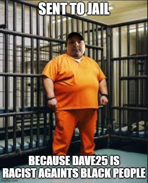 Dave25 | SENT TO JAIL; BECAUSE DAVE25 IS RACIST AGAINTS BLACK PEOPLE | image tagged in jail | made w/ Imgflip meme maker