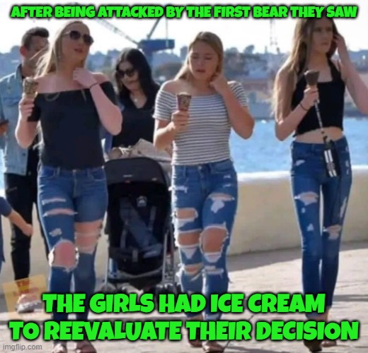 Modern women reevaluate | AFTER BEING ATTACKED BY THE FIRST BEAR THEY SAW; THE GIRLS HAD ICE CREAM TO REEVALUATE THEIR DECISION | image tagged in bears,womens rights,dating,women,men vs women,women vs men | made w/ Imgflip meme maker