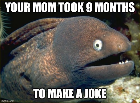 Bad Joke Eel Meme | YOUR MOM TOOK 9 MONTHS TO MAKE A JOKE | image tagged in memes,bad joke eel | made w/ Imgflip meme maker