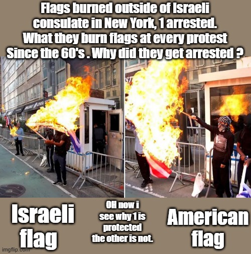 DO YOU SEE what i do ? | Flags burned outside of Israeli consulate in New York, 1 arrested. What they burn flags at every protest Since the 60's . Why did they get arrested ? OH now i see why 1 is protected the other is not. Israeli flag; American flag | made w/ Imgflip meme maker