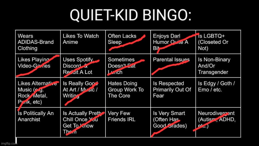 Quiet Kid Bingo | image tagged in quiet kid bingo | made w/ Imgflip meme maker