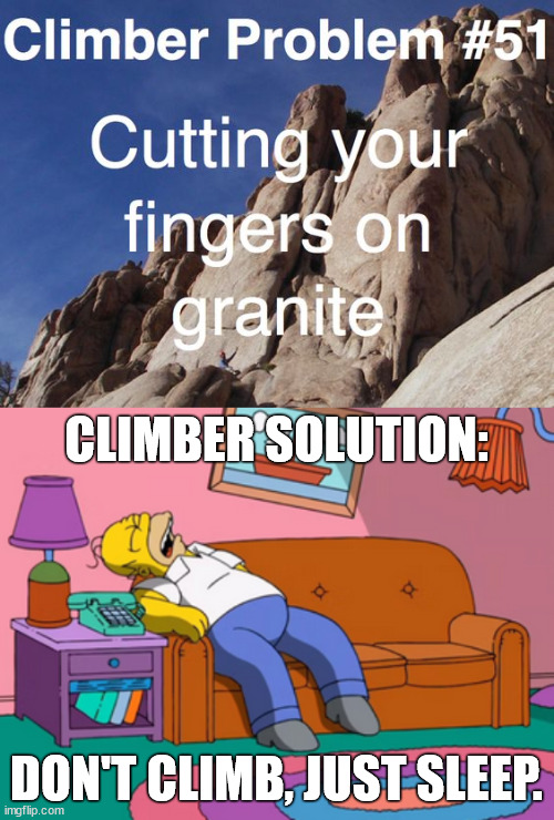 Climber Problem and Solution | CLIMBER SOLUTION:; DON'T CLIMB, JUST SLEEP. | image tagged in homer,climbing,lattice climbing,the simpsons,germany,usa | made w/ Imgflip meme maker