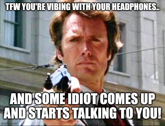 If it's not Important, then I hope you feel lucky Punk! | TFW YOU'RE VIBING WITH YOUR HEADPHONES.. AND SOME IDIOT COMES UP AND STARTS TALKING TO YOU! | image tagged in dirty harry | made w/ Imgflip meme maker