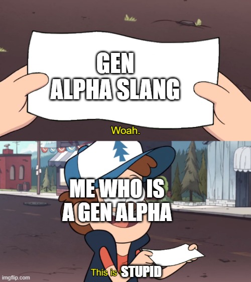 Gen alpha slang | GEN ALPHA SLANG; ME WHO IS A GEN ALPHA; STUPID | image tagged in this is worthless | made w/ Imgflip meme maker