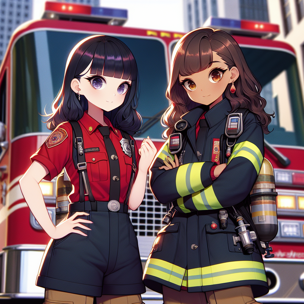 anime fire figther girls posing infront of fire engine Blank Meme Template