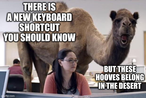Follow your true calling | THERE IS A NEW KEYBOARD SHORTCUT YOU SHOULD KNOW; BUT THESE HOOVES BELONG IN THE DESERT | image tagged in camel,keyboard shortcut,memes,destiny,true calling,happy office worker | made w/ Imgflip meme maker