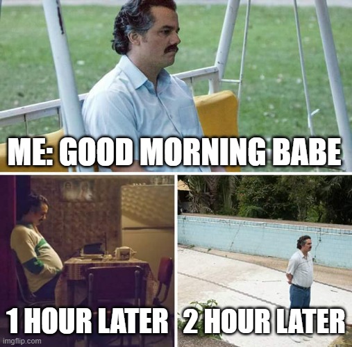 sad | ME: GOOD MORNING BABE; 1 HOUR LATER; 2 HOUR LATER | image tagged in memes,sad pablo escobar | made w/ Imgflip meme maker