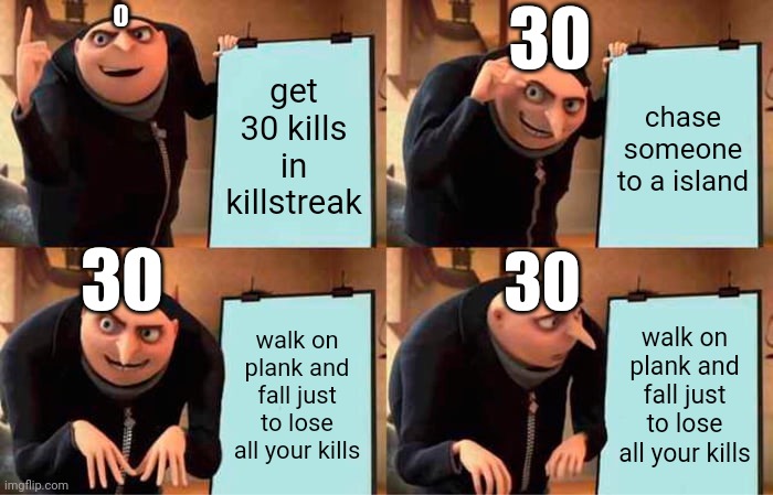 a life of a killstreak | 0; 30; get 30 kills in killstreak; chase someone to a island; 30; 30; walk on plank and fall just to lose all your kills; walk on plank and fall just to lose all your kills | image tagged in memes,gru's plan | made w/ Imgflip meme maker