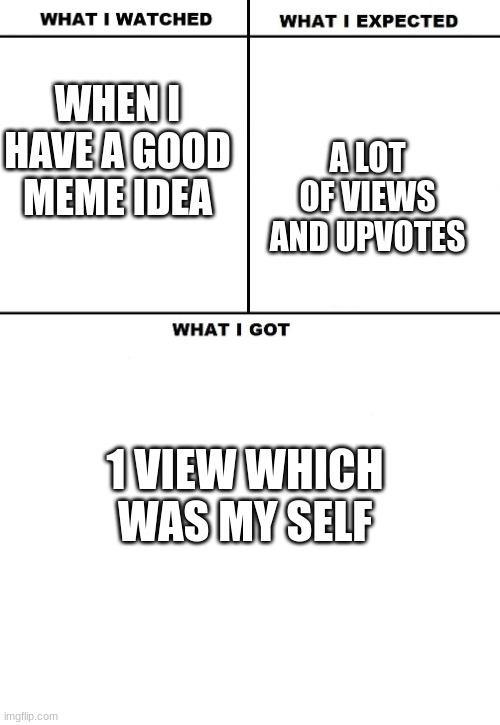 how memes work | A LOT OF VIEWS AND UPVOTES; WHEN I HAVE A GOOD MEME IDEA; 1 VIEW WHICH WAS MY SELF | image tagged in what i watched/ what i expected/ what i got | made w/ Imgflip meme maker