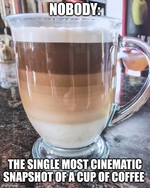 This is the most cinematic snapshot of a cup of coffee | NOBODY:; THE SINGLE MOST CINEMATIC SNAPSHOT OF A CUP OF COFFEE | image tagged in cup of coffee,coffee,coffee addict,perfection,jpfan102504 | made w/ Imgflip meme maker