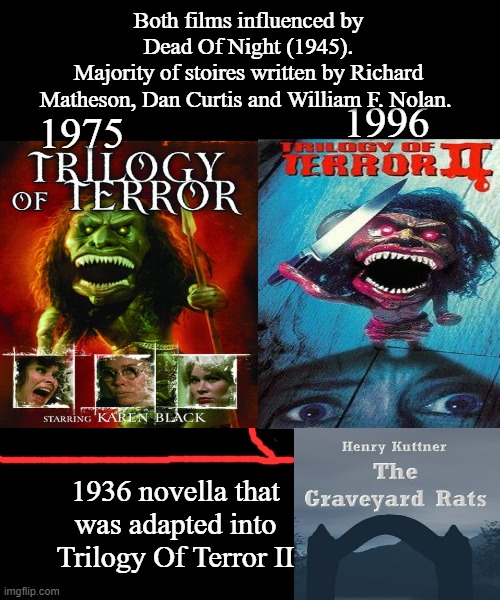Trilogy Of Terror and Trilogy Of Terror II | Both films influenced by Dead Of Night (1945).
Majority of stoires written by Richard Matheson, Dan Curtis and William F. Nolan. 1996; 1975; 1936 novella that was adapted into Trilogy Of Terror II | image tagged in trilogy of terror memes,trilogy of terror ii memes,1975,1996 | made w/ Imgflip meme maker
