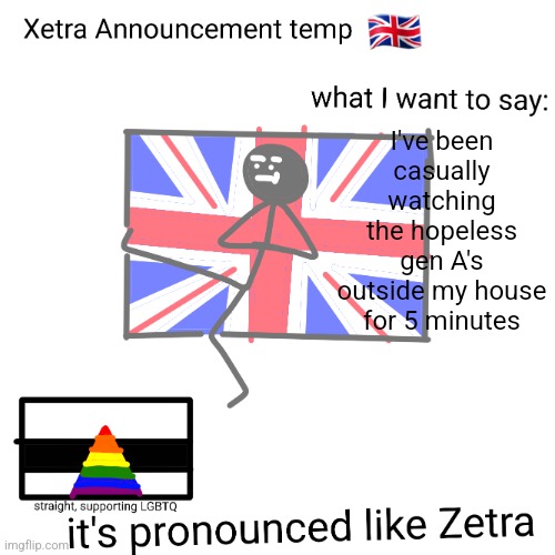 Xetra announcement temp | I've been casually watching the hopeless gen A's outside my house for 5 minutes | image tagged in xetra announcement temp | made w/ Imgflip meme maker