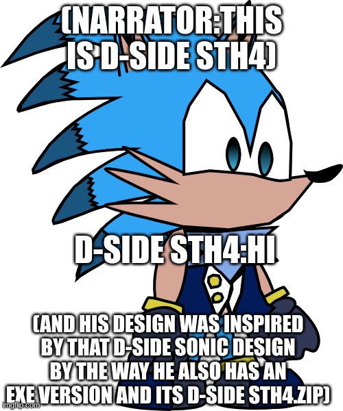 if sth4 had an d-side version | (NARRATOR:THIS IS D-SIDE STH4); D-SIDE STH4:HI; (AND HIS DESIGN WAS INSPIRED BY THAT D-SIDE SONIC DESIGN BY THE WAY HE ALSO HAS AN EXE VERSION AND ITS D-SIDE STH4.ZIP) | made w/ Imgflip meme maker