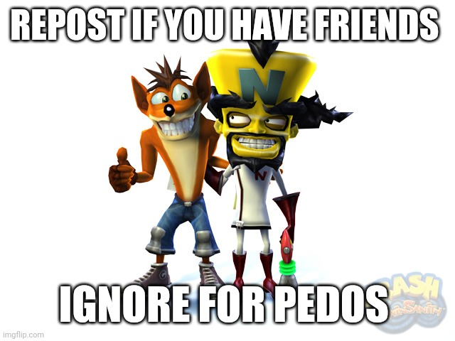 Crash and cortex | REPOST IF YOU HAVE FRIENDS; IGNORE FOR PEDOS | image tagged in crash and cortex | made w/ Imgflip meme maker