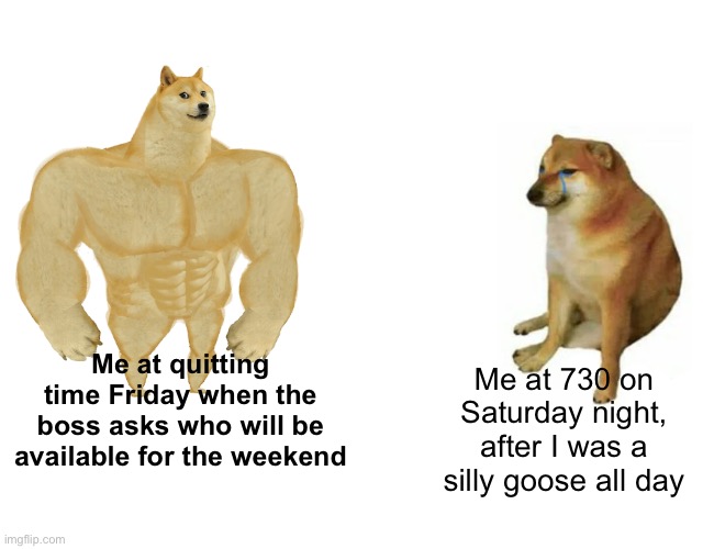 Buff Doge vs. Cheems Meme | Me at quitting time Friday when the boss asks who will be available for the weekend; Me at 730 on Saturday night, after I was a silly goose all day | image tagged in memes,buff doge vs cheems | made w/ Imgflip meme maker