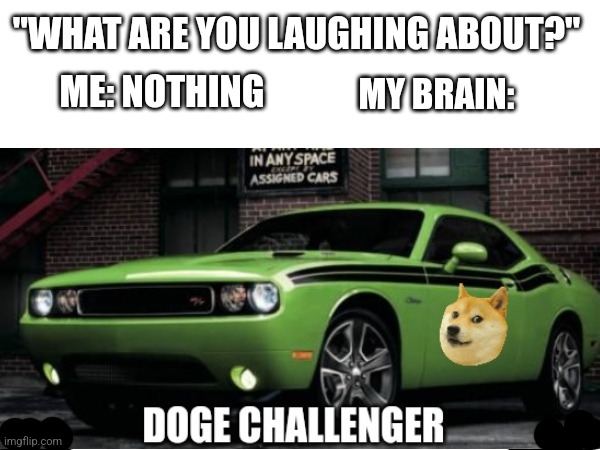 Rip Doge | "WHAT ARE YOU LAUGHING ABOUT?"; MY BRAIN:; ME: NOTHING | image tagged in memes,doge,dodge challenger | made w/ Imgflip meme maker