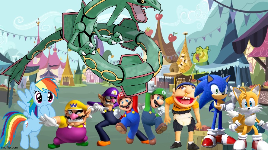 Wario and Friends dies by Rayquaza while having a Adventure in Ponyville | image tagged in mlp background,wario dies,crossover | made w/ Imgflip meme maker