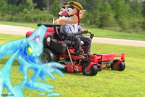 Wario dies as a Landscaper by accidentally destroying Chaos Zero's backyard | image tagged in landscaper on a riding lawn mower,sonic the hedgehog,wario dies,crossover | made w/ Imgflip meme maker