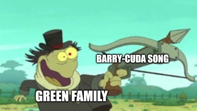 Barry-cuda, Barry-cuda!!!! | BARRY-CUDA SONG; GREEN FAMILY | image tagged in assassin frog,big city greens,disney,jpfan102504 | made w/ Imgflip meme maker