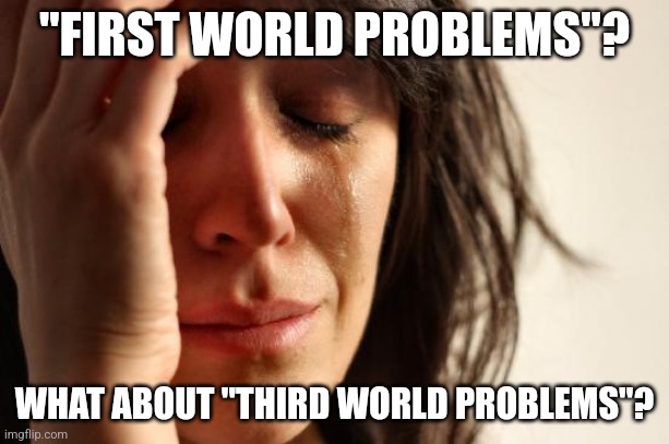 Third World Problems | "FIRST WORLD PROBLEMS"? WHAT ABOUT "THIRD WORLD PROBLEMS"? | image tagged in memes,first world problems | made w/ Imgflip meme maker
