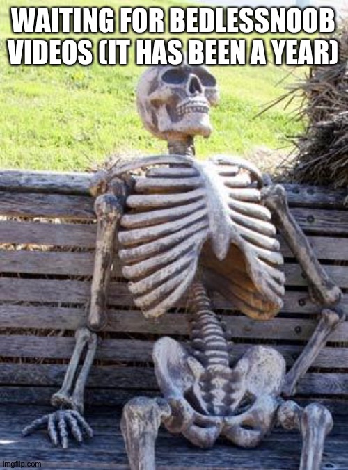 Waiting Skeleton | WAITING FOR BEDLESSNOOB VIDEOS (IT HAS BEEN A YEAR) | image tagged in memes,waiting skeleton | made w/ Imgflip meme maker