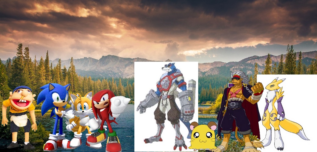 Jeffy and Friends having a Adventure at the forest field landscape | image tagged in landscape,sonic the hedgehog,jeffy,anime,digimon,crossover | made w/ Imgflip meme maker