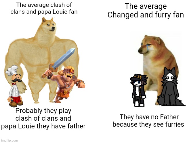 Buff Doge vs. Cheems | The average clash of clans and papa Louie fan; The average Changed and furry fan; Probably they play clash of clans and papa Louie they have father; They have no Father because they see furries | image tagged in memes,buff doge vs cheems | made w/ Imgflip meme maker