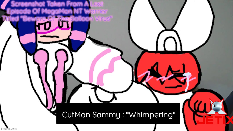 pregnant doctor appointment | Screenshot Taken From A Lost Episode Of MegaMan NT Warrior Titled "Beware Of The Balloon Virus"; CutMan Sammy : *Whimpering* | image tagged in megaman nt warrior,cutman sammy,meddy,lost episode,balloon virus,fake screenshot | made w/ Imgflip meme maker