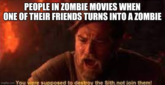 Zombie movies are bad | PEOPLE IN ZOMBIE MOVIES WHEN ONE OF THEIR FRIENDS TURNS INTO A ZOMBIE | image tagged in you were supposed to destroy the sith,zombies | made w/ Imgflip meme maker