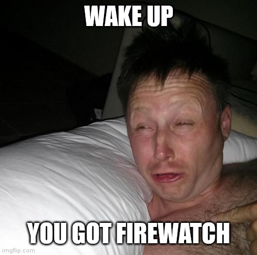 Limmy waking up | WAKE UP; YOU GOT FIREWATCH | image tagged in limmy waking up | made w/ Imgflip meme maker