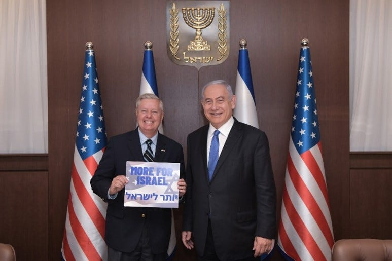Lindsey Graham and Benjamin Netanyahu "MORE FOR ISRAEL" sign Blank Meme Template