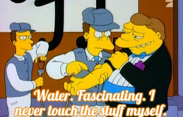 Hook it in my veins Barney Simpsons | Water. Fascinating. I never touch the stuff myself. | image tagged in hook it in my veins barney simpsons,slavic | made w/ Imgflip meme maker
