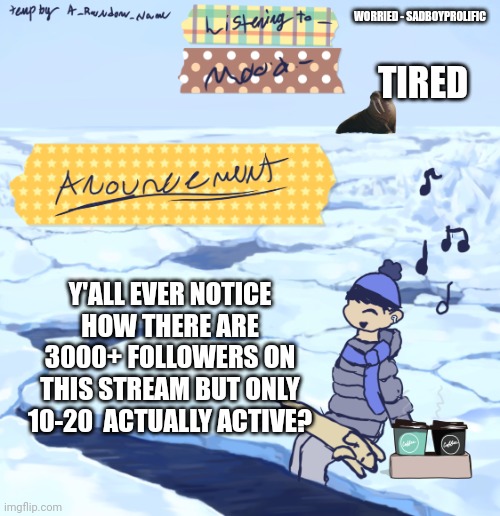Walrus man’s anouncement temp | WORRIED - SADBOYPROLIFIC; TIRED; Y'ALL EVER NOTICE HOW THERE ARE 3000+ FOLLOWERS ON THIS STREAM BUT ONLY 10-20  ACTUALLY ACTIVE? | image tagged in walrus man s anouncement temp | made w/ Imgflip meme maker